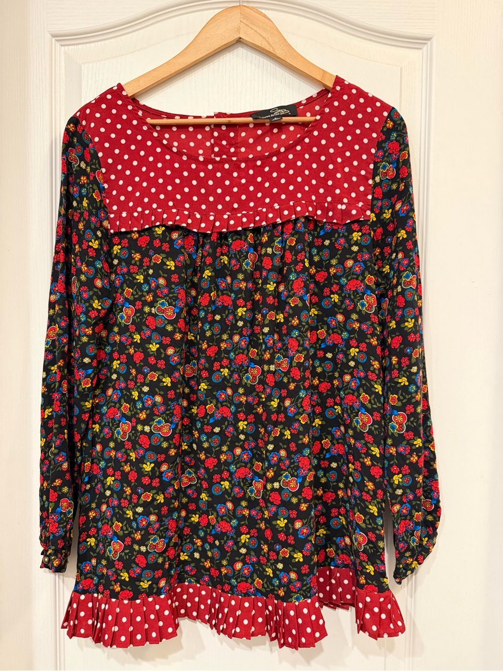 Suzanne Betro Small Floral Polka Dot Ruffle Tunic Blouse Cottagecore